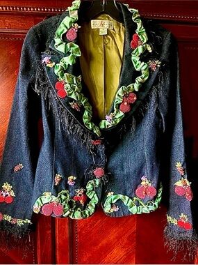 RARE MARY FRANCES Black Denim Jacket with Beaded/Embellished Fruits Size Small